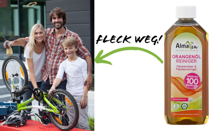 Familie bei der Fahrradreparatur und AlmaWin Orangenöl Reiniger: entfernt Flecken.