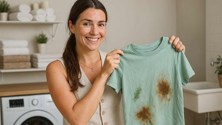 [Translate to Englisch:] Freudig lächelnde Frau hält ein hellgrünes T-shirt mit starken Flecken hoch