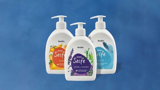 3 Handseifen AlmaWin im Spender: Lavendel-Rosmarin, Orange und Sensitive