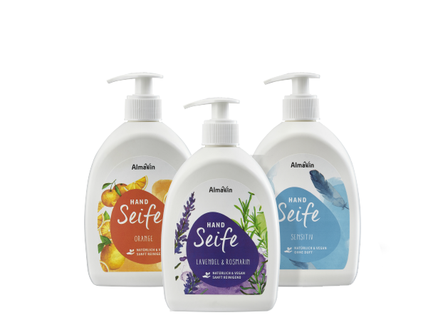 AlmaWin liquid hand soaps three variations, sensitive, rosmary-lavander,orange