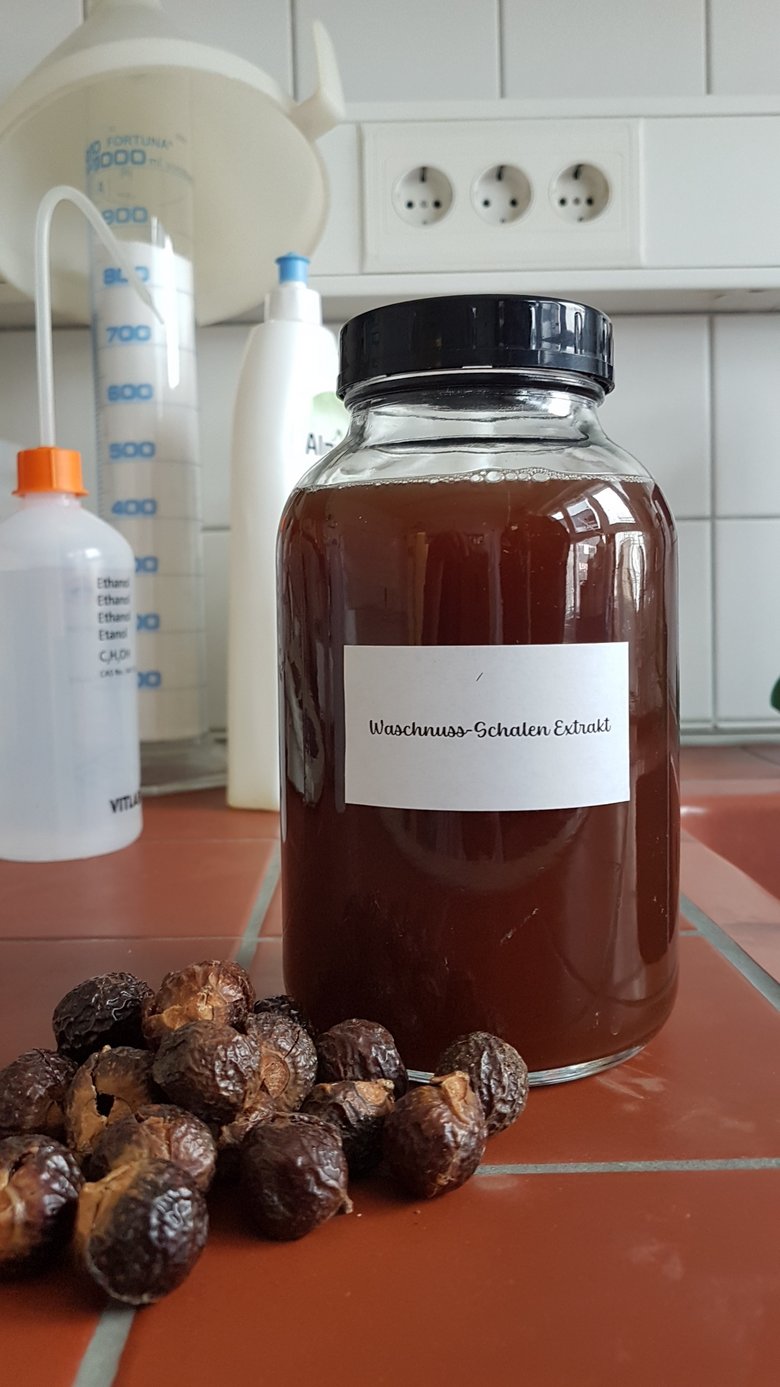 soapnut shells and soapnut extract, a brown liquid, in a screw-top jar on a laboratory bench