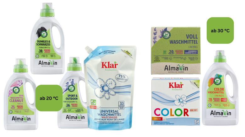 Abbildung zeigt sieben Waschmittel die ab 20°C oder 30°C  waschen.