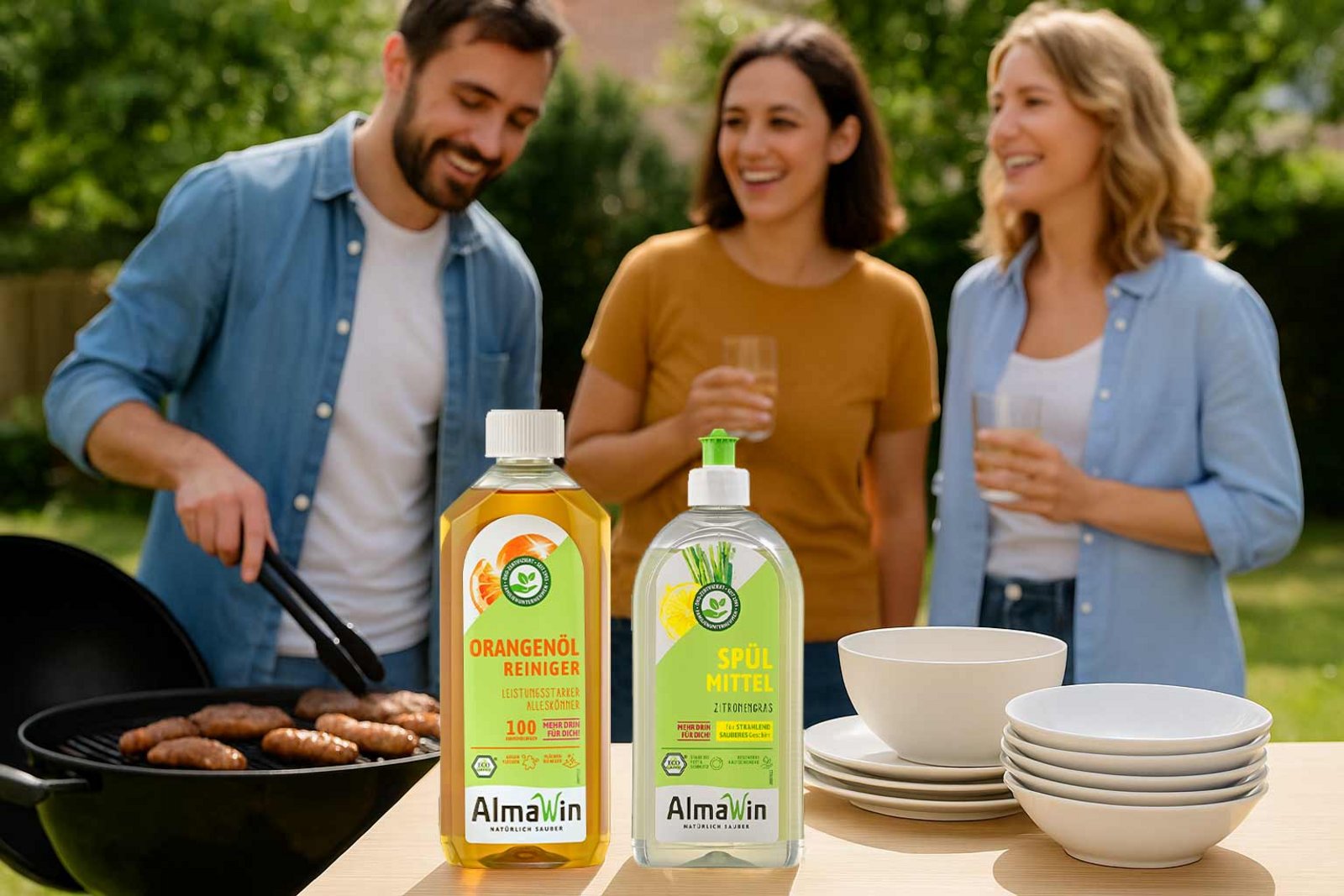2 women and a man standing at the barbecue, with AlmaWin orange oil cleaner and AlmaWin lemongrass washing-up liquid in the foreground