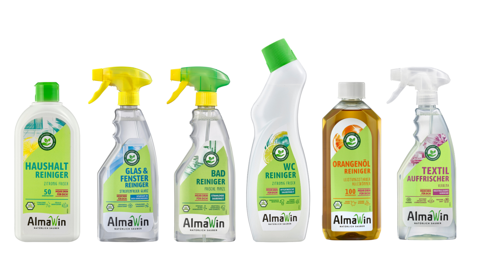 AlmaWin cleaning products for spring cleaning. Household cleaner, bathroom cleaner, glass and window cleaner, WC cleaner, orange oil cleaner, textile freshener