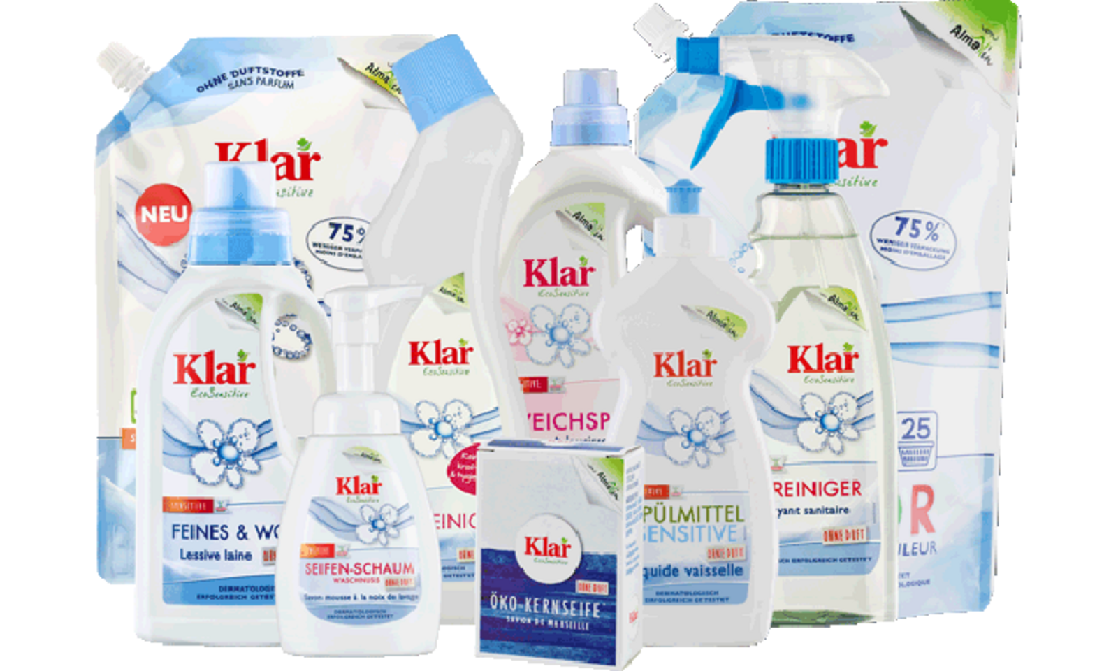 Selection of Klar EcoSensitive products from all areas: Washing, cleaning, rinsing