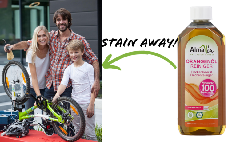 family repairing bicycles and AlmaWin Orange Oil Cleaner: removes stains.