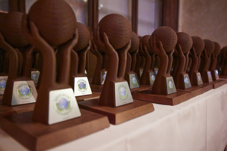Green Brand trophy made from biodegradable liquid wood from the 3D printer