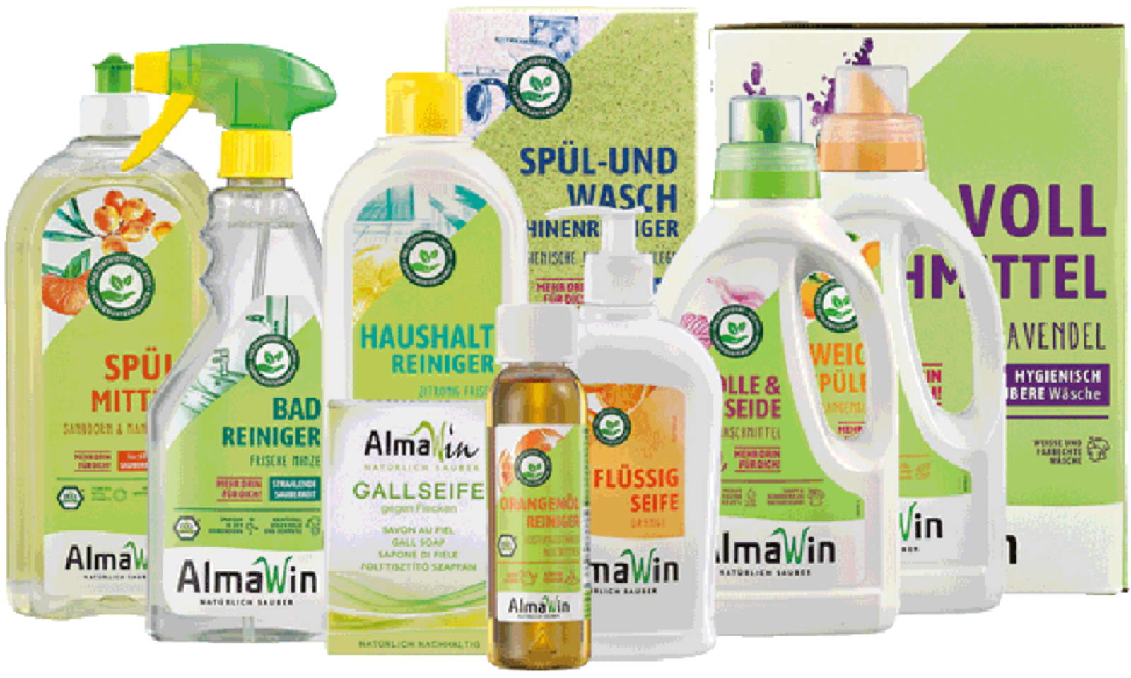 Selection of AlmaWin products for washing, cleaning and dishwashing
