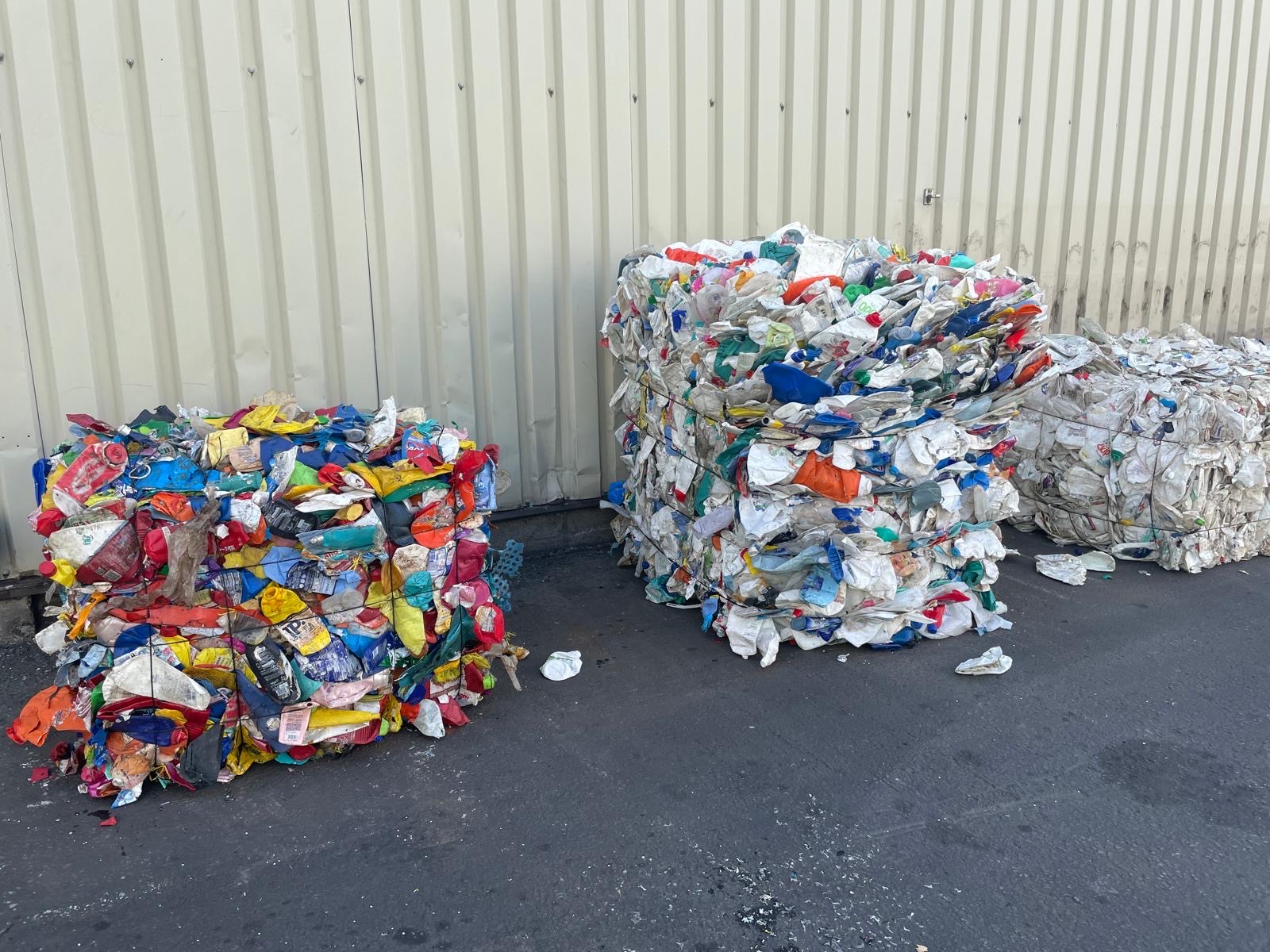 3 bundles of presorted plastic waste at PreZero plant
